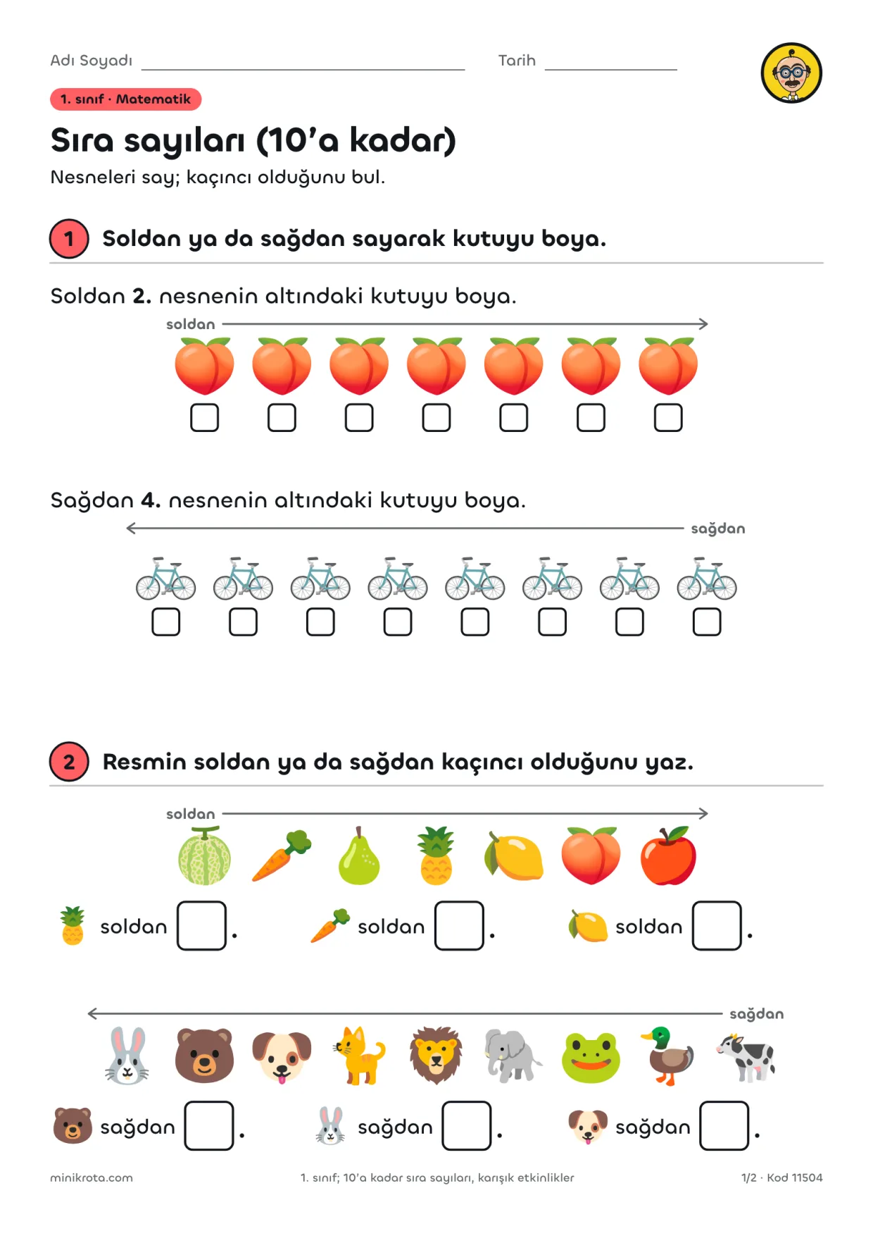 1. Sınıf Sıra Sayıları Çalışma Kağıdı: Birinci, İkinci, Kaçıncı? çalışma kağıdının A4 örnek sayfası