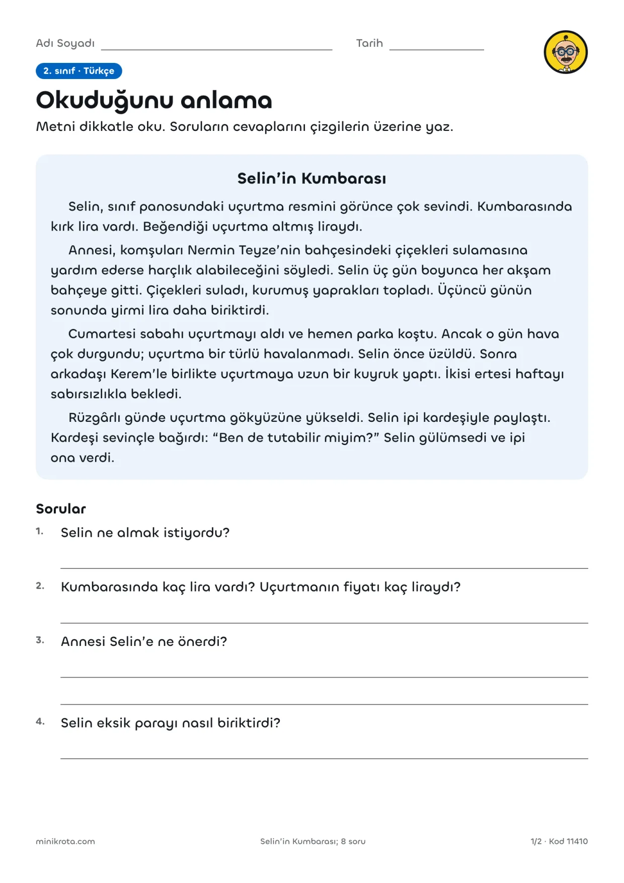 2. Sınıf Okuduğunu Anlama Metinleri ve Soruları çalışma kağıdının A4 örnek sayfası