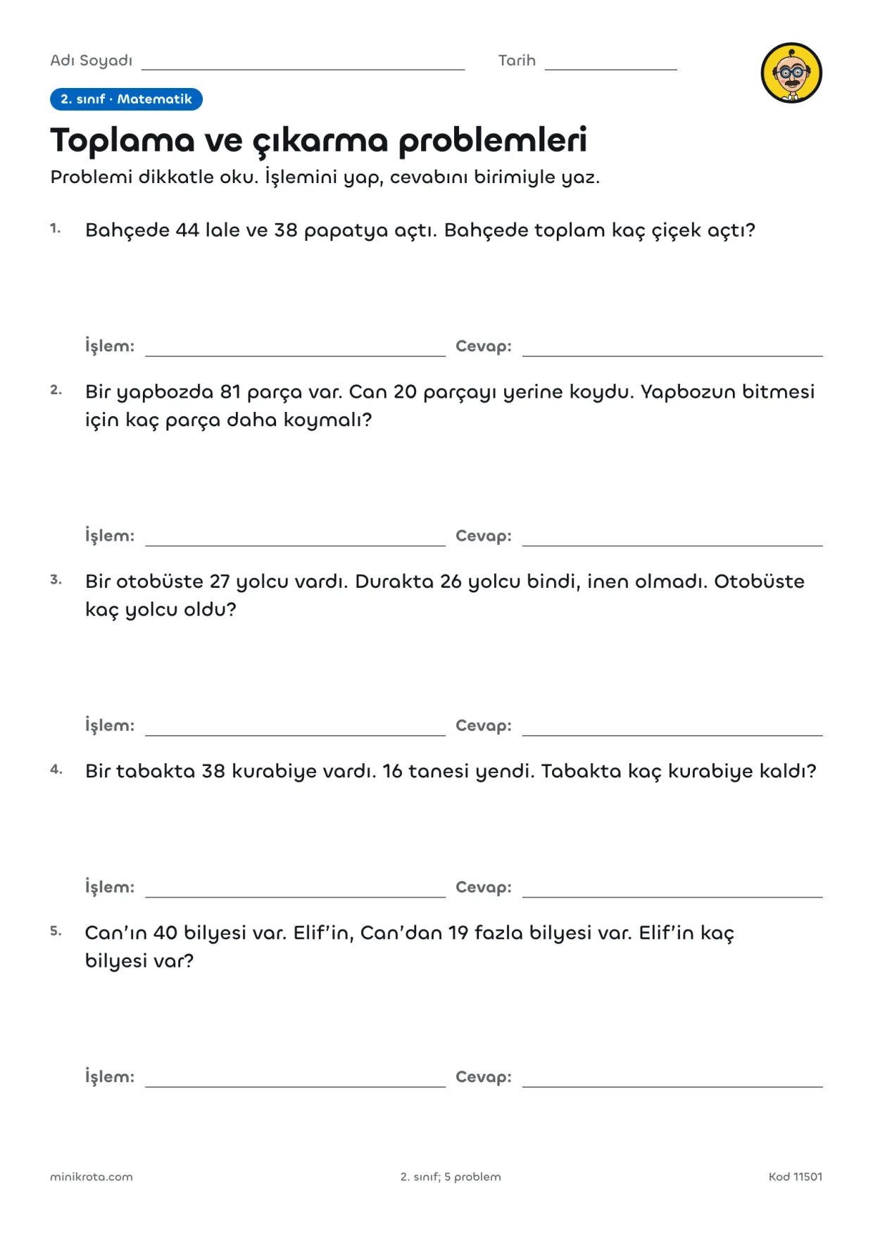 2. Sınıf Toplama ve Çıkarma Problemleri Çalışma Kağıdı çalışma kağıdının A4 örnek sayfası