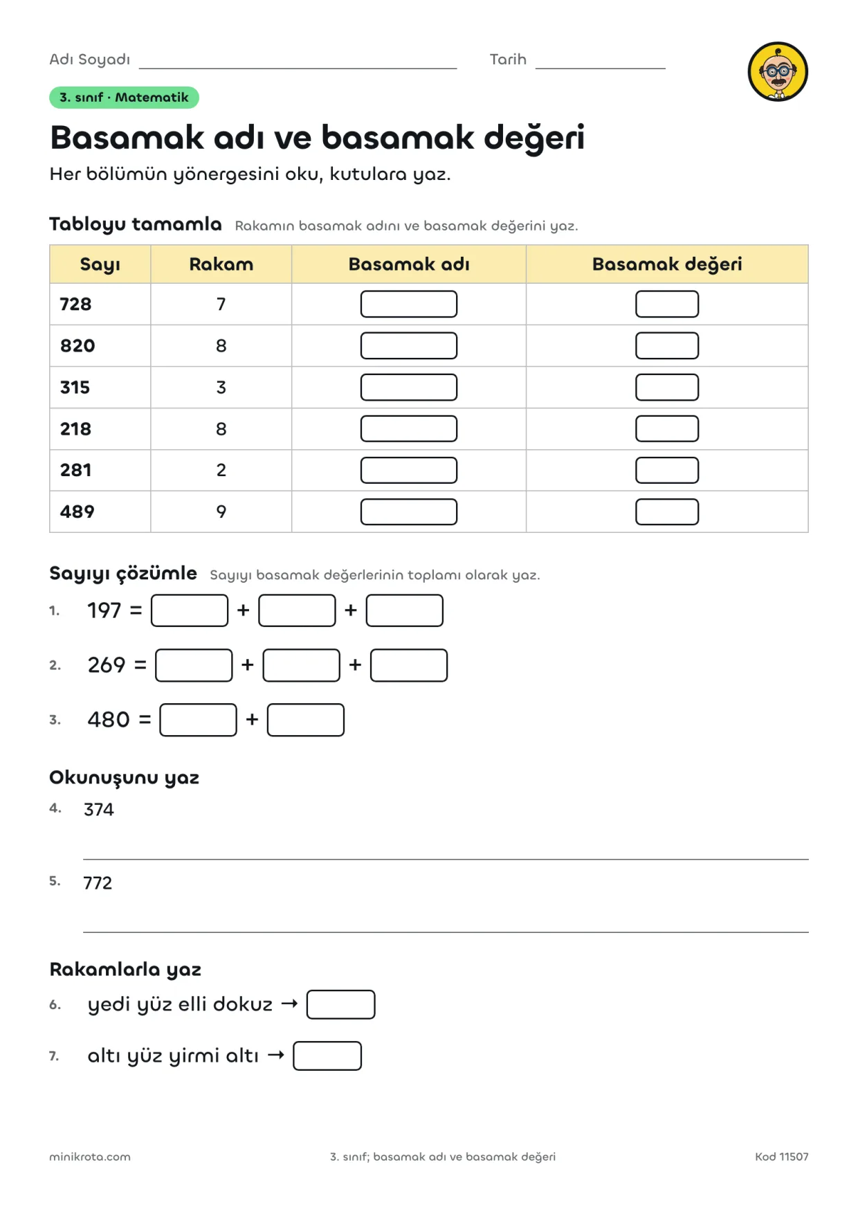 3. Sınıf Basamak Değeri ve Doğal Sayıları Çözümleme çalışma kağıdının A4 örnek sayfası