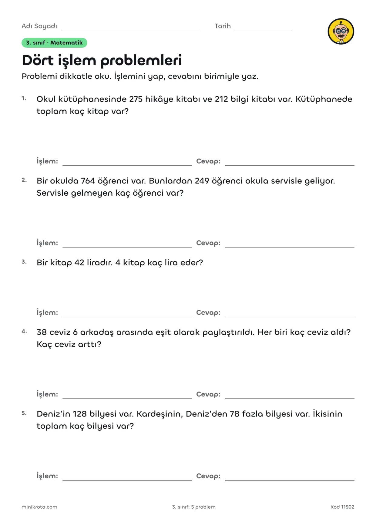 3. Sınıf Dört İşlem Problemleri Çalışma Kağıdı çalışma kağıdının A4 örnek sayfası