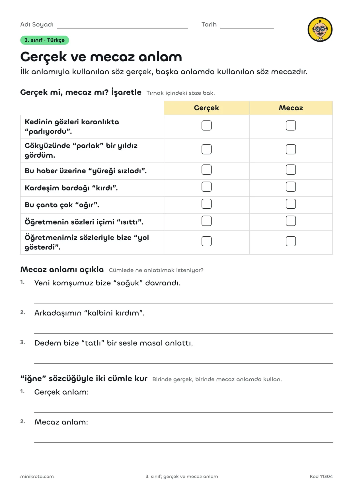 3. Sınıf Gerçek ve Mecaz Anlam Çalışma Kağıdı çalışma kağıdının A4 örnek sayfası
