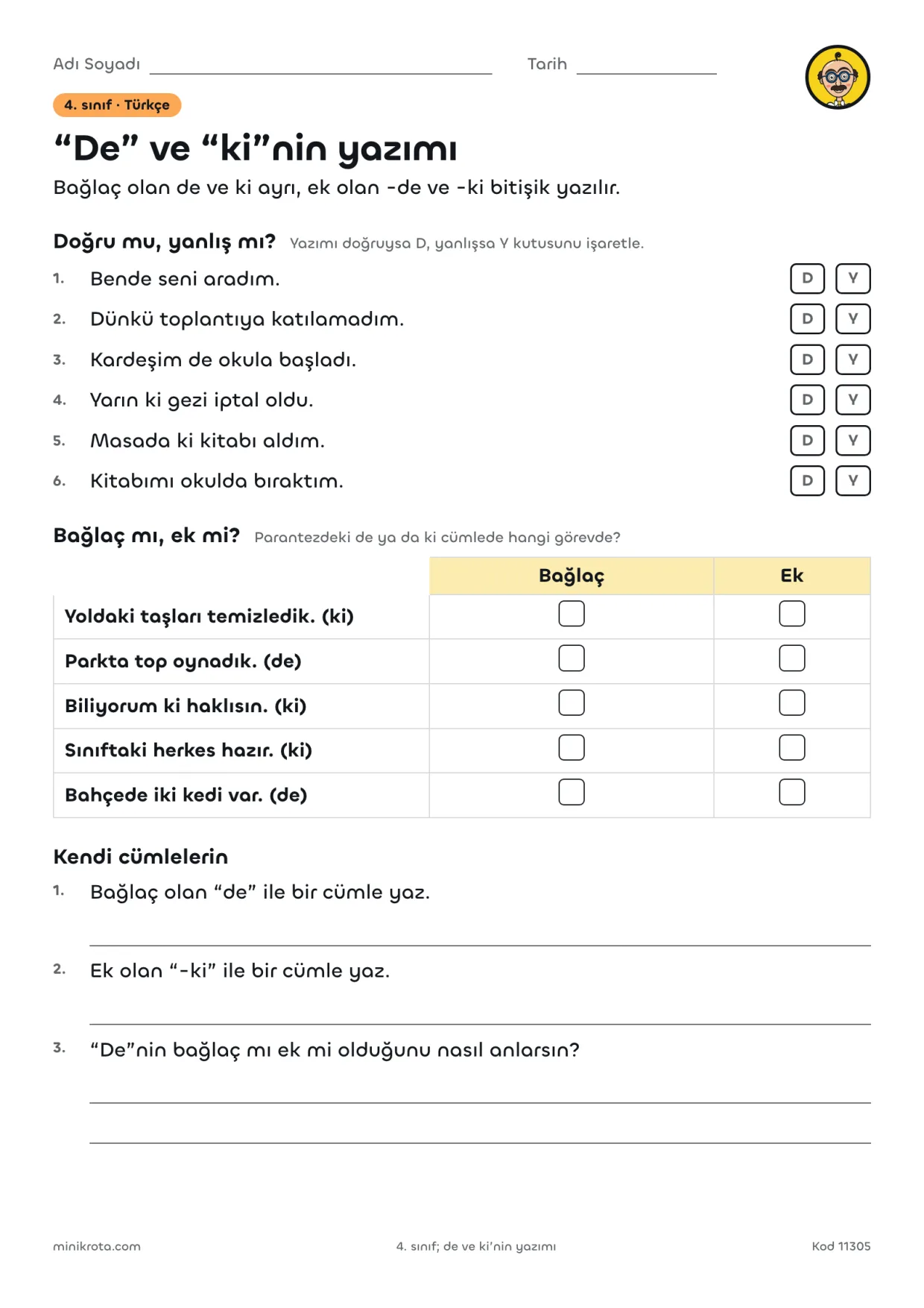 4. Sınıf “De” ve “Ki”nin Yazımı Çalışma Kağıdı çalışma kağıdının A4 örnek sayfası