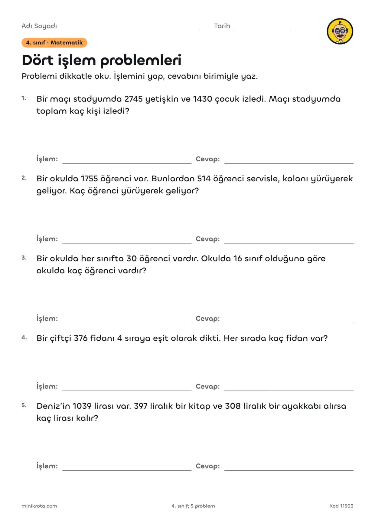 4. Sınıf Dört İşlem Problemleri Çalışma Kağıdı çalışma kağıdının A4 örnek sayfası