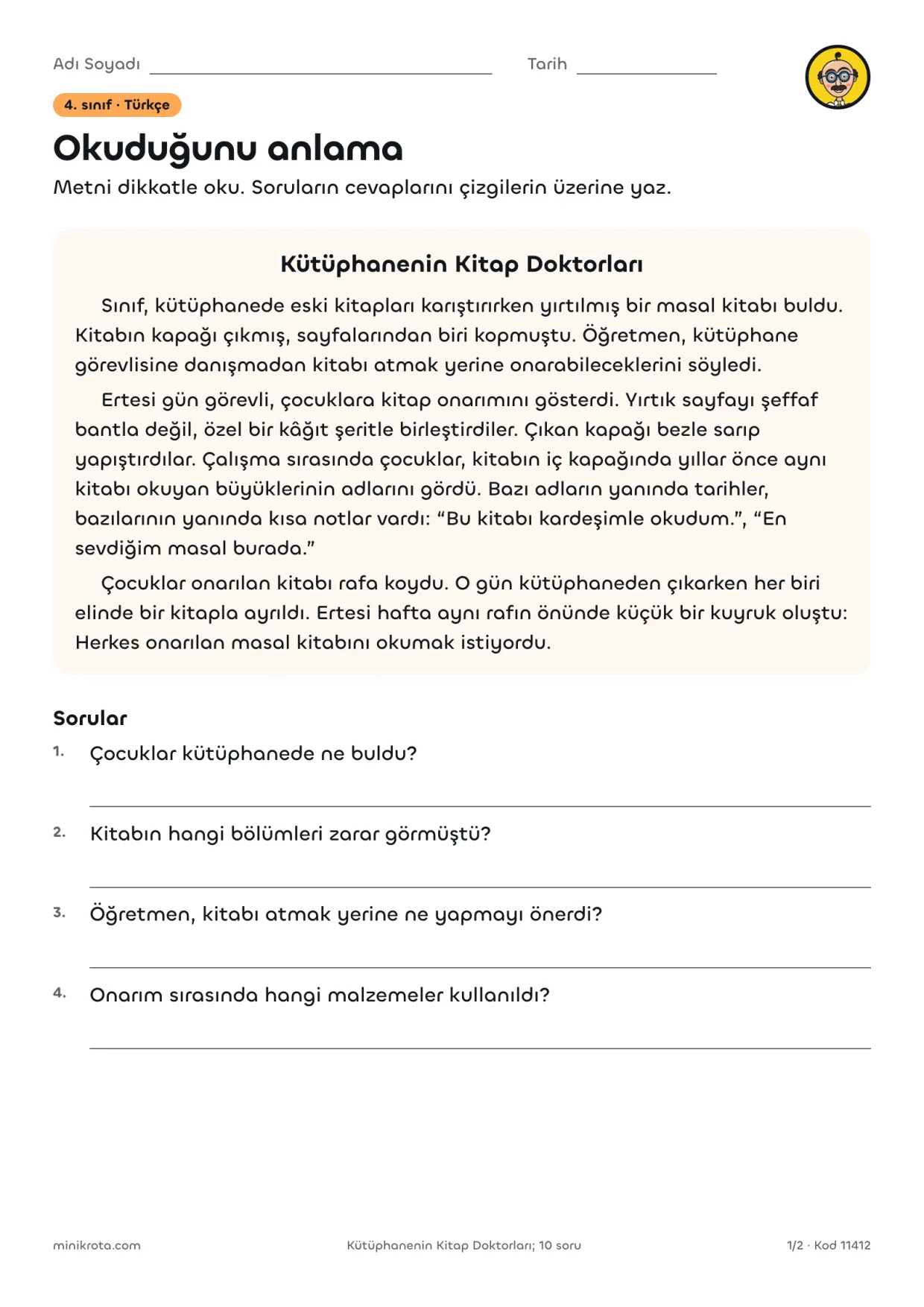 4. Sınıf Okuduğunu Anlama Metinleri ve Soruları çalışma kağıdının A4 örnek sayfası
