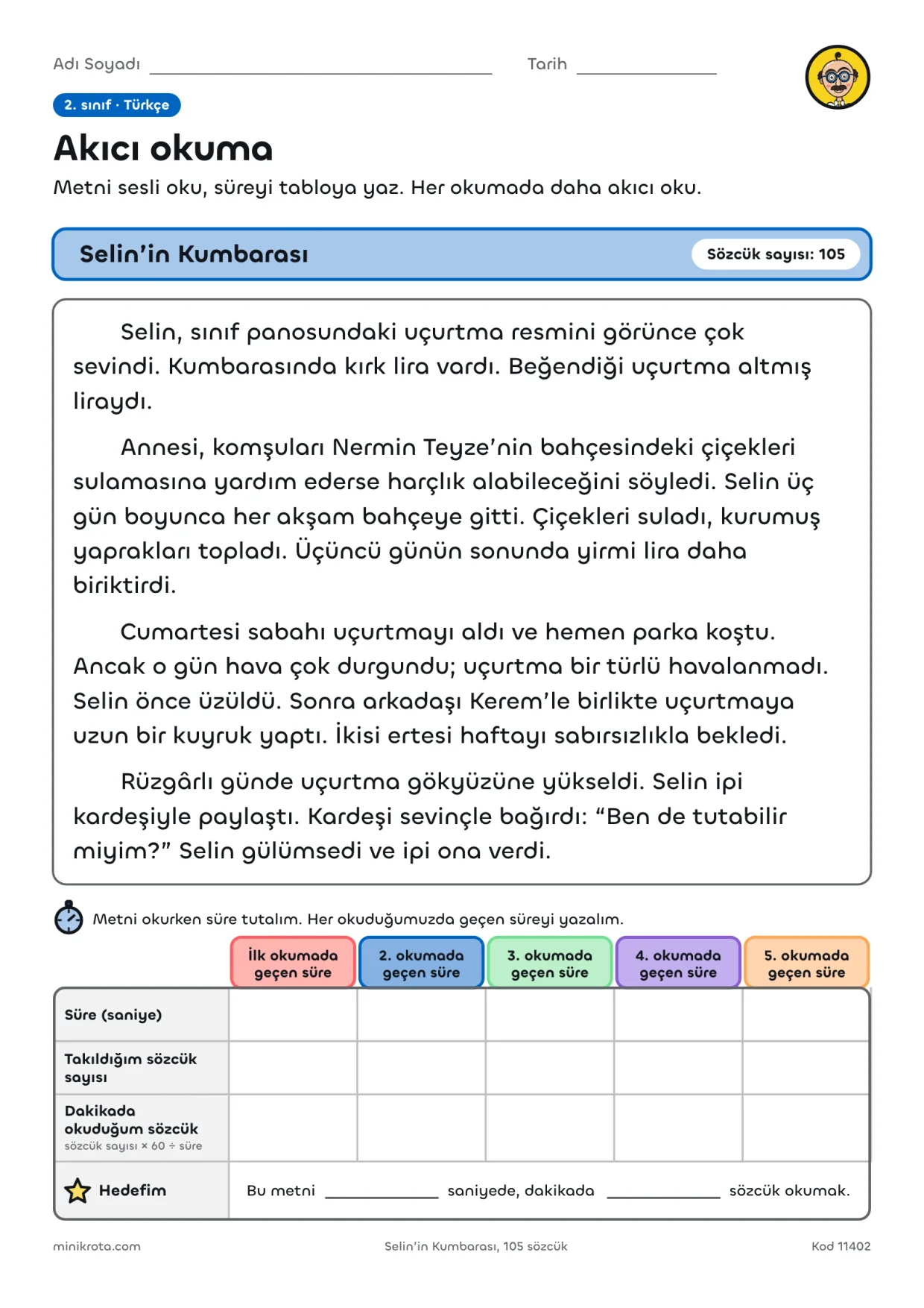 Akıcı Okuma Metinleri: Süre Tablolu Çalışma Kağıdı (2–4. Sınıf) çalışma kağıdının A4 örnek sayfası
