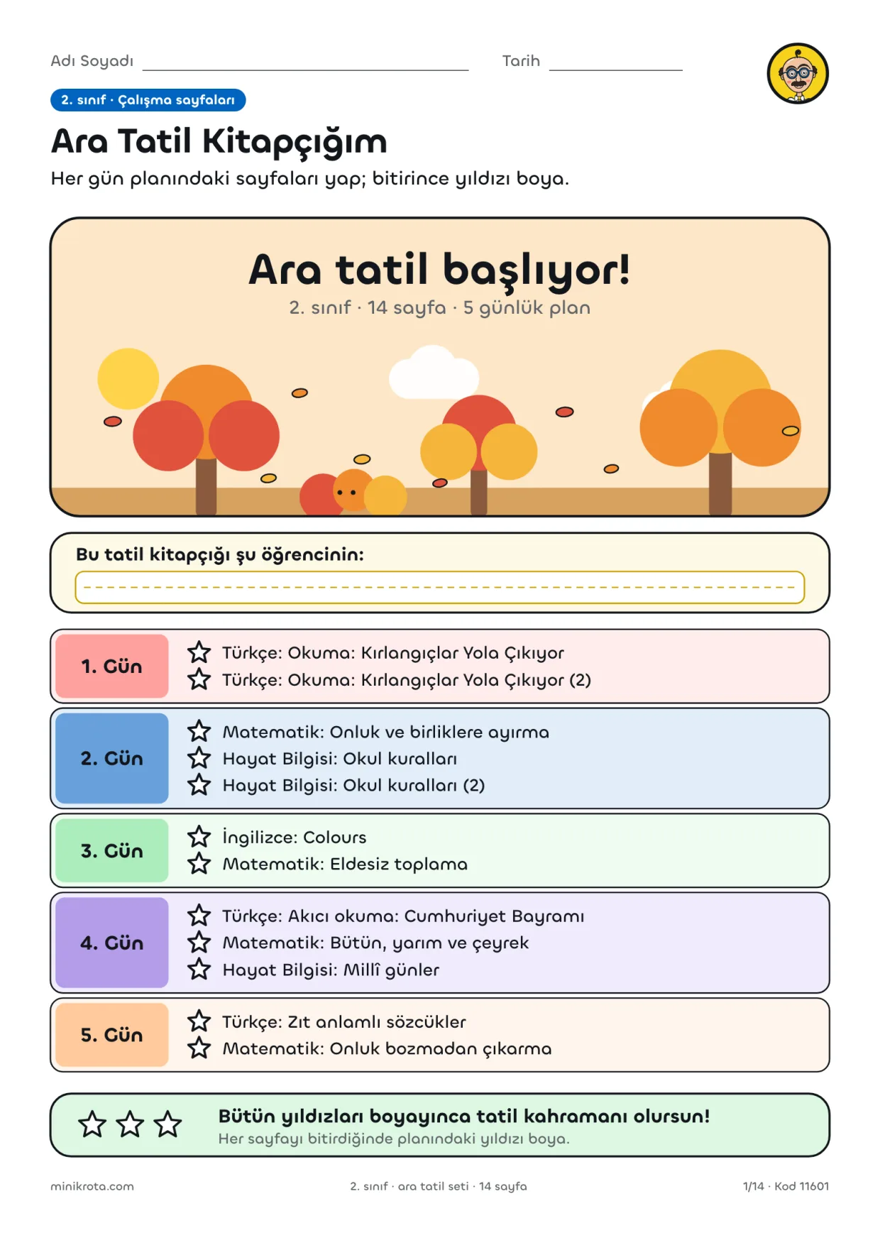 Ara Tatil Çalışma Kitapçığı: Gün Gün Planlı (1–4. Sınıf) çalışma kağıdının A4 örnek sayfası