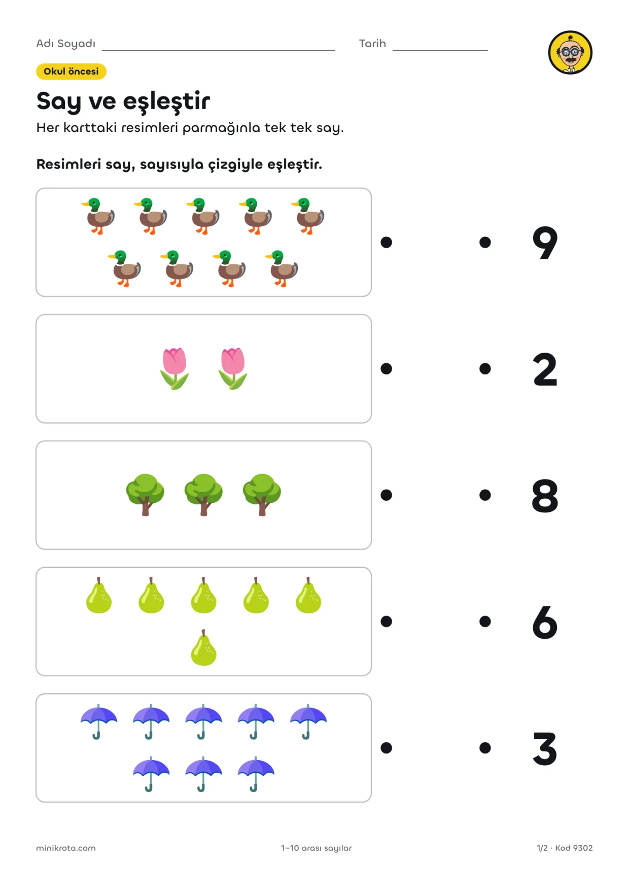 Okul Öncesi Sayma ve Eşleştirme Çalışma Sayfası (1–10 ve 1–20) çalışma kağıdının A4 örnek sayfası