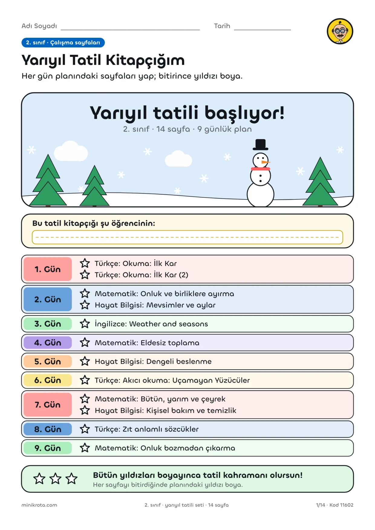 Yarıyıl Tatili (15 Tatil) Çalışma Kitapçığı (1–4. Sınıf) çalışma kağıdının A4 örnek sayfası