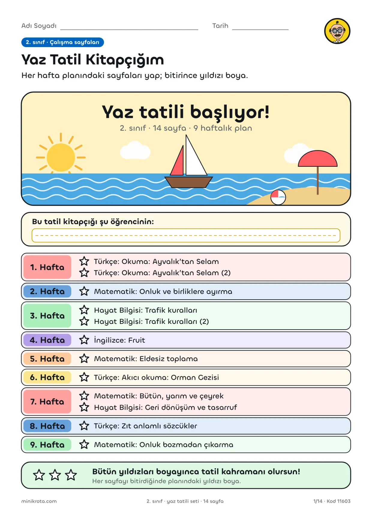 Yaz Tatili Çalışma Kitapçığı: Hafta Hafta Tekrar (1–4. Sınıf) çalışma kağıdının A4 örnek sayfası