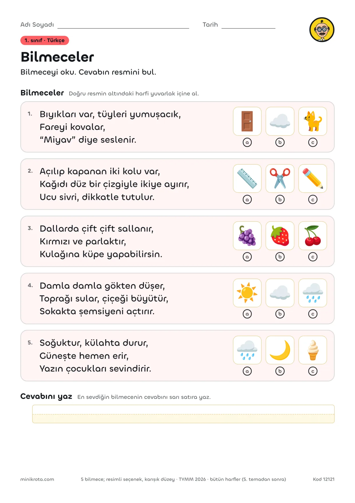 1. Sınıf Bilmeceler: Bilmeceyi Oku, Cevabın Resmini Bul çalışma kağıdının A4 örnek sayfası