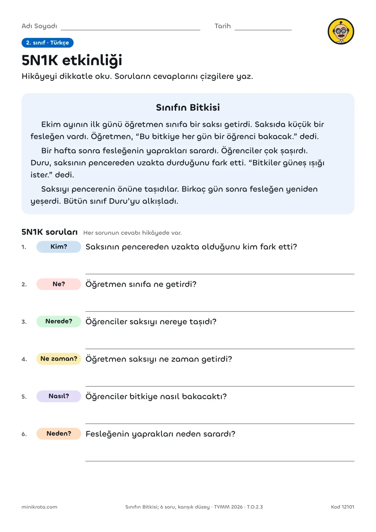 2. Sınıf 5N1K Etkinliği: Kim, Ne, Nerede, Ne Zaman, Nasıl, Neden? çalışma kağıdının A4 örnek sayfası