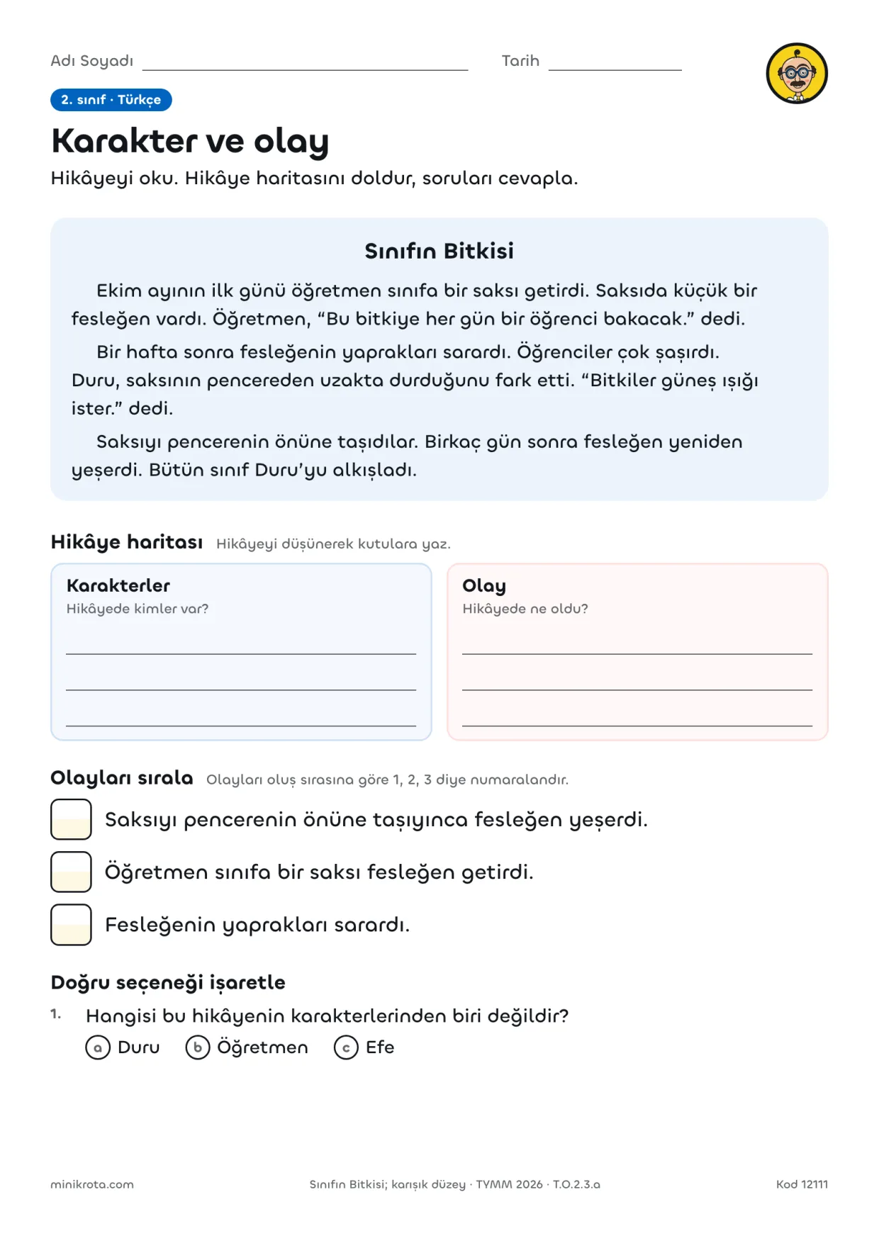 2. Sınıf Hikâyenin Unsurları: Karakter ve Olay çalışma kağıdının A4 örnek sayfası