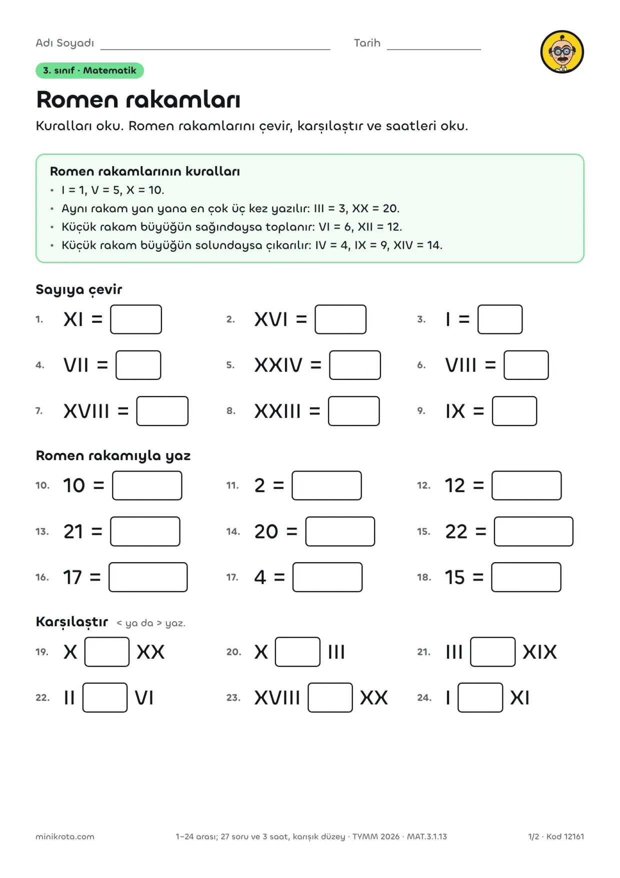 3. Sınıf Romen Rakamları: 1’den 24’e, Romen Rakamlı Saatler çalışma kağıdının A4 örnek sayfası