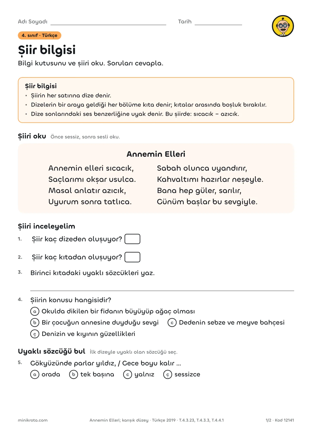 4. Sınıf Şiir Bilgisi: Dize, Kıta ve Uyak Çalışma Kağıdı çalışma kağıdının A4 örnek sayfası