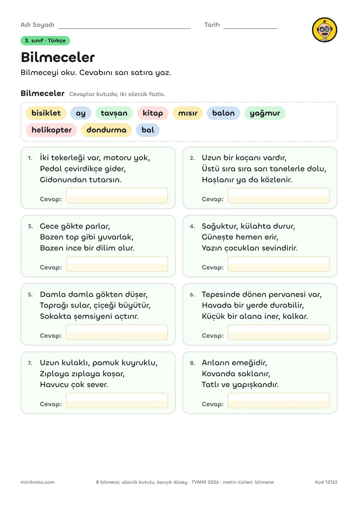 Cevaplı Bilmeceler: Oku, Düşün, Cevabı Yaz çalışma kağıdının A4 örnek sayfası