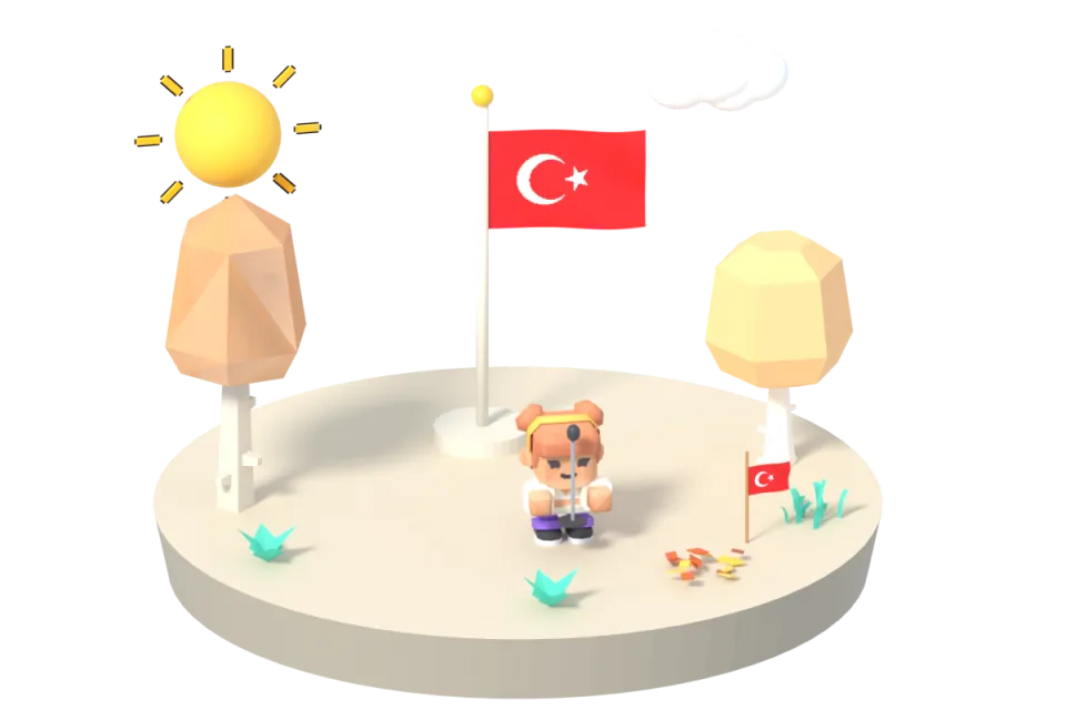 Bayraklarla süslü okul avlusunda bayrak direğinin önünde mikrofonla şiir okuyan beyaz gömlekli bir kız; elinde küçük bir Türk bayrağı.