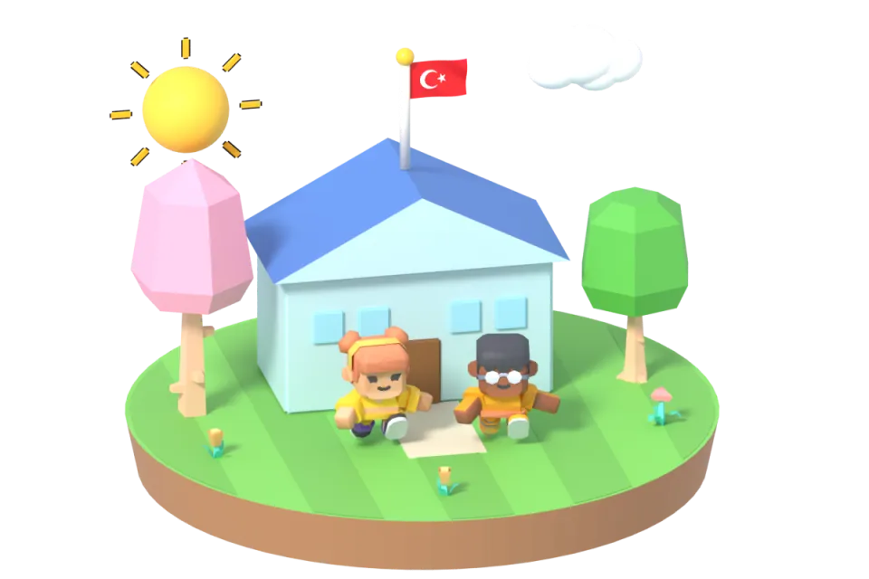 Okul bahçesinde el ele yürüyen iki çocuk; sarı tişörtlü kız ile turuncu tişörtlü erkek bitiş çizgisine yaklaşıyor.