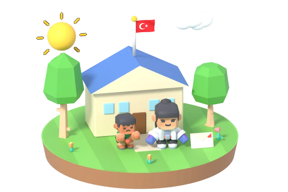 Okul bahçesinde elinde ısırılmış kırmızı bir elma tutan yeşil tişörtlü bir erkek; yanında mor ceketli öğretmeni küçük bir zarf tutuyor.