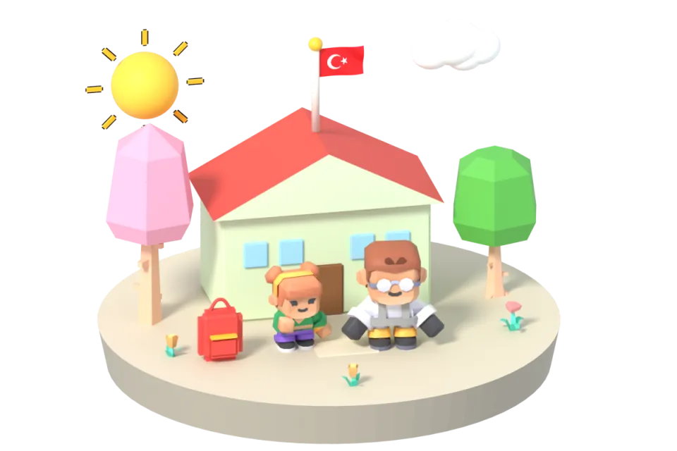 Okulun önündeki taş avluda yeşil montlu bir kız gölgesine el sallıyor; yanında gri ceketli bir adam duruyor.